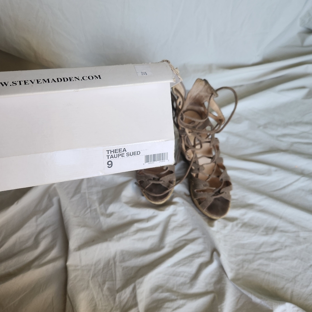 Women's Steve Madden "Theea" Taupe Suede Wedge Sandals - Picture 15 of 16